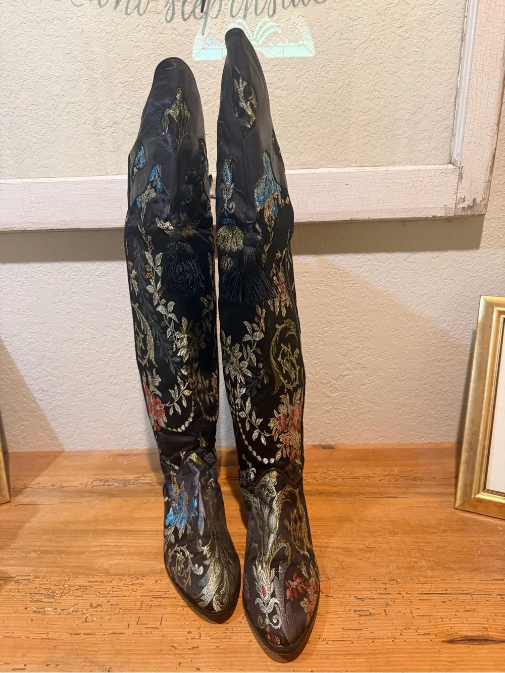 VTG RARE 80s Brocade/Leather Trim Tassel over the knee Flat Boots boho Gypsy 60s